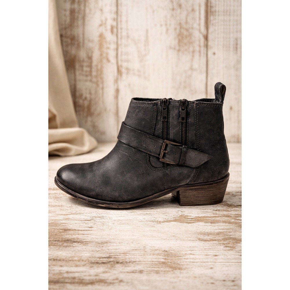 ROAN‎ Women's Liza Black Distressed Leather Double Zip Buckle Ankle Boots- 11